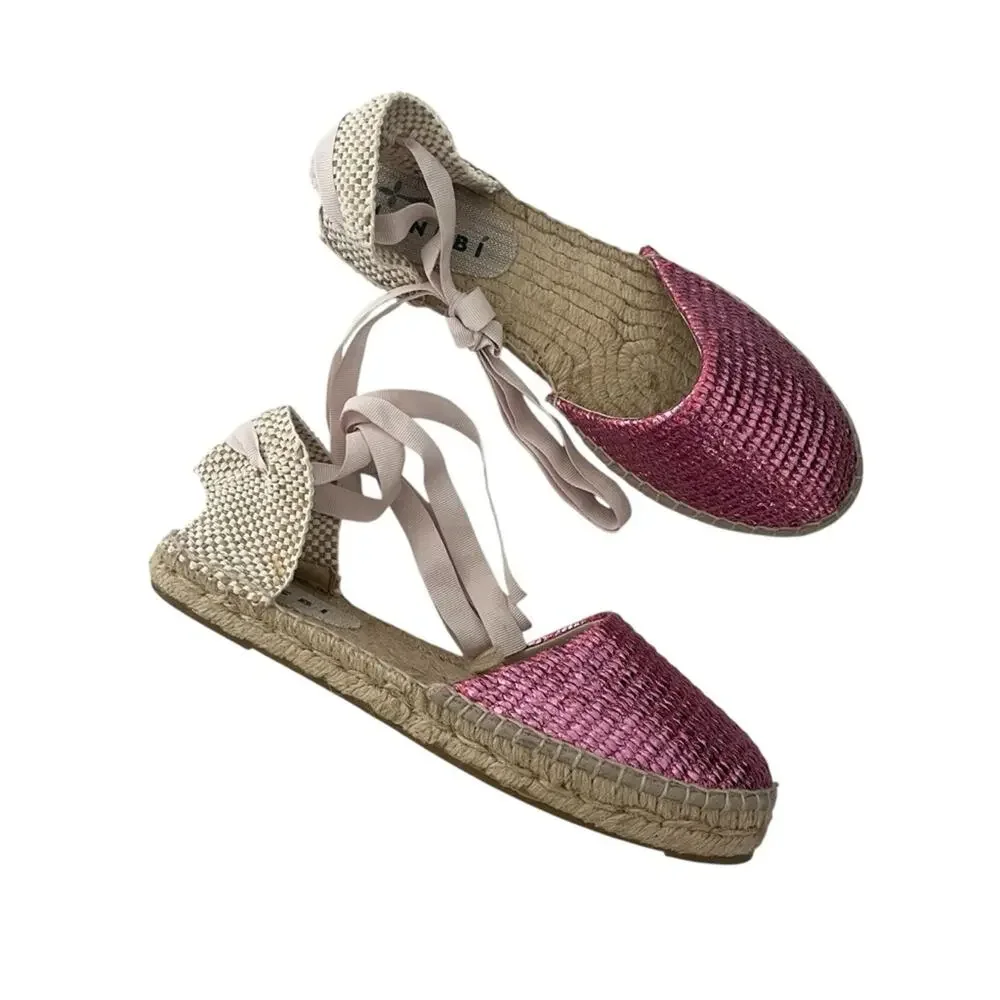 Manebi Valenciana espadrille Mettalic pink Raffia canvas Sz 39 boho chic summer